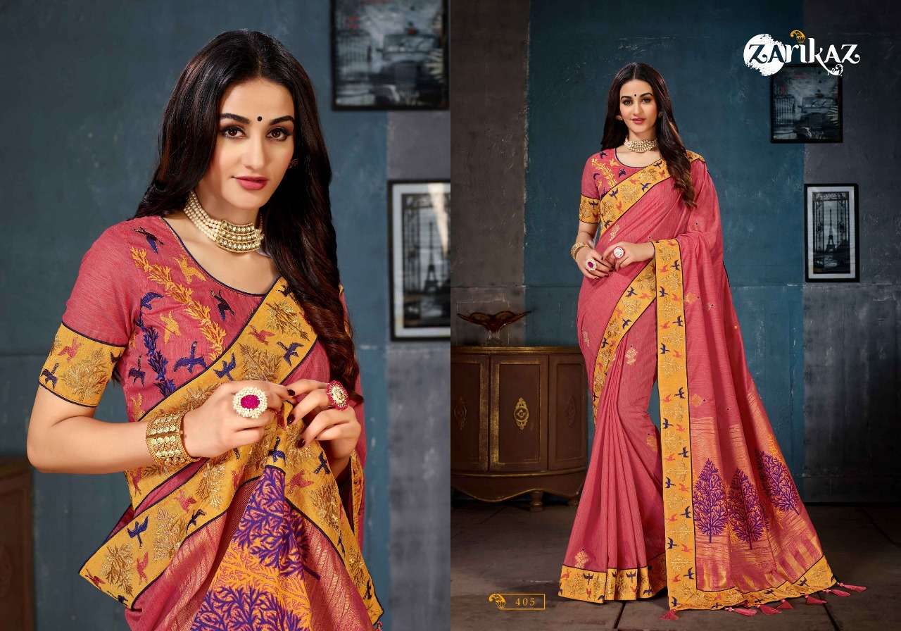 RAJVEE VOL-4 BY ZARIKAZ 401 TO 406 SERIES INDIAN TRADITIONAL WEAR COLLECTION BEAUTIFUL STYLISH FANCY COLORFUL PARTY WEAR & OCCASIONAL WEAR LINEN COTTON BANARASI SILK SAREES AT WHOLESALE PRICE