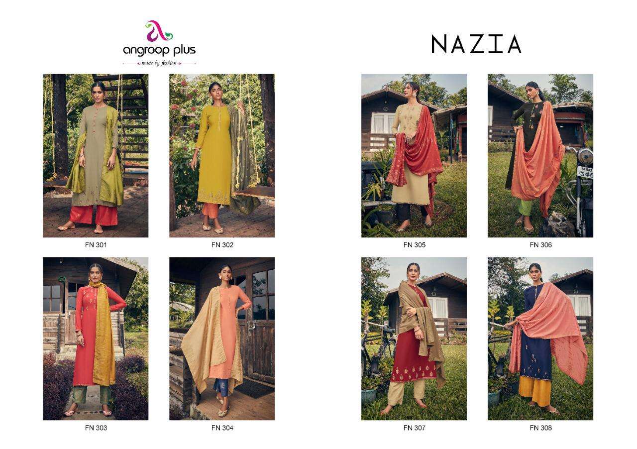 NAZIA BY ANGROOP PLUS 301TO 308 SERIES BEAUTIFUL STYLISH SHARARA SUITS FANCY COLORFUL CASUAL WEAR & ETHNIC WEAR & READY TO WEAR PURE JAM SILK COTTON WITH EMBROIDERY DRESSES AT WHOLESALE PRICE