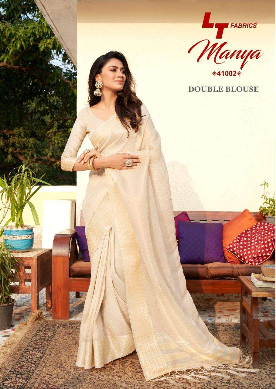 MANYA BY LT FABRIC 41001 TO 41005 SERIES INDIAN TRADITIONAL WEAR COLLECTION BEAUTIFUL STYLISH FANCY COLORFUL PARTY WEAR & OCCASIONAL WEAR LINEN TISSUE ZARI SAREES AT WHOLESALE PRICE
