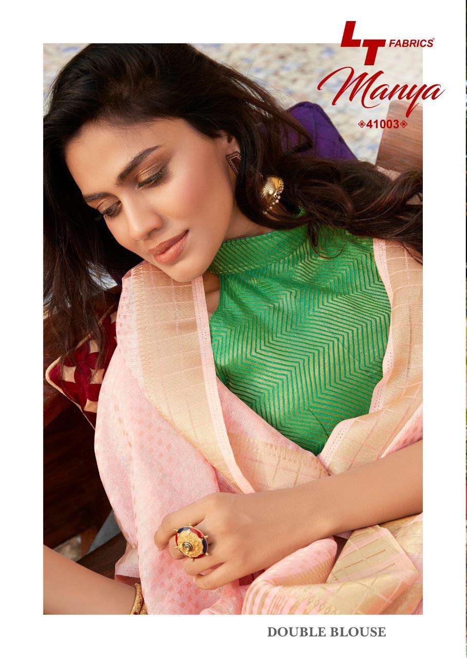 MANYA BY LT FABRIC 41001 TO 41005 SERIES INDIAN TRADITIONAL WEAR COLLECTION BEAUTIFUL STYLISH FANCY COLORFUL PARTY WEAR & OCCASIONAL WEAR LINEN TISSUE ZARI SAREES AT WHOLESALE PRICE