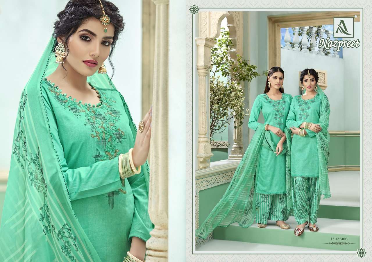 NAZPREET BY ALOK SUITS 327-001 TO 327-008 SERIES DESIGNER SUITS BEAUTIFUL FANCY STYLISH COLORFUL PARTY WEAR & OCCASIONAL WEAR PURE JAM COTTON SELF PRINTED WITH EMBROIDERED DRESSES AT WHOLESALE PRICE