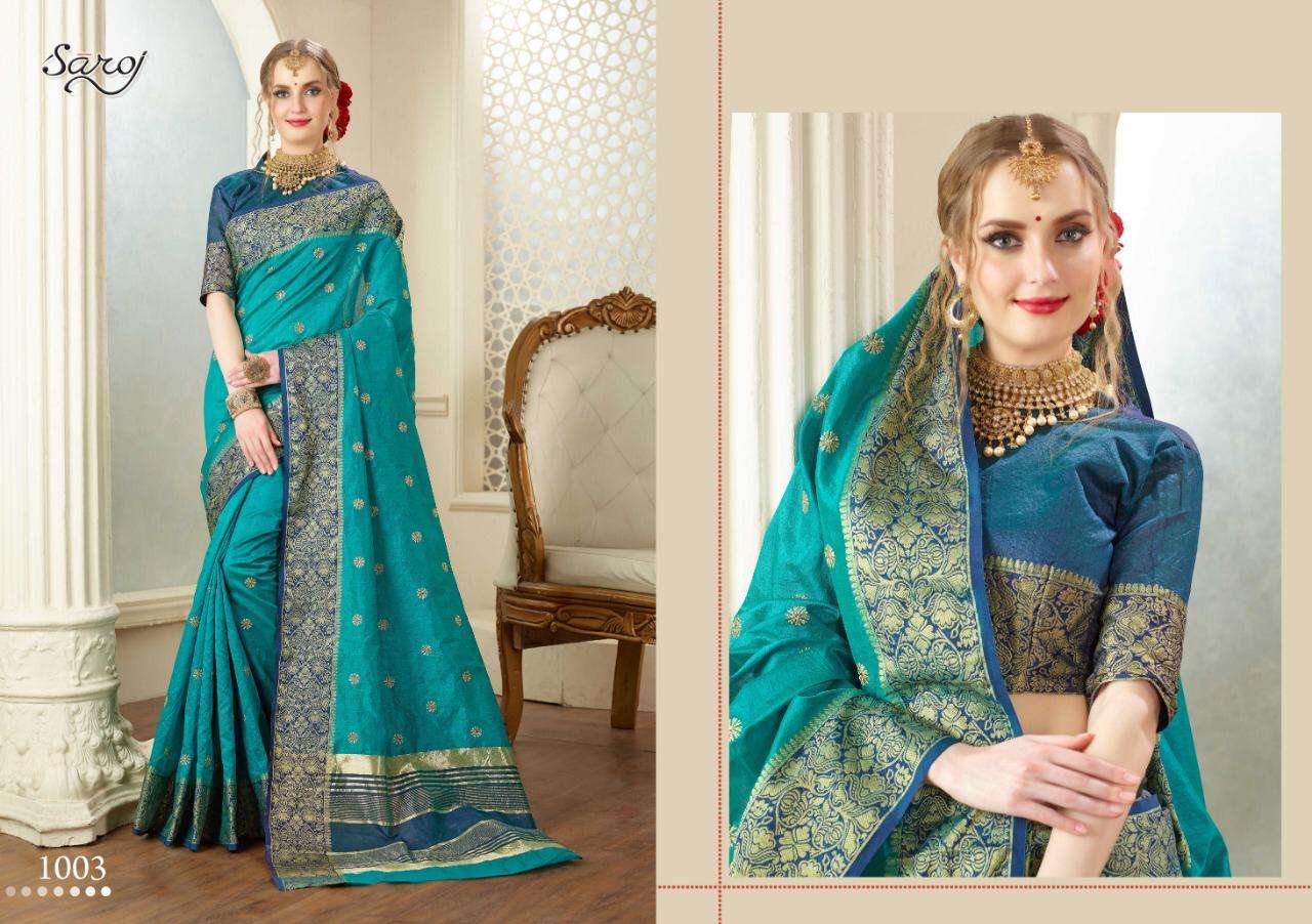 RAJJO BY SAROJ 1001 TO 1008 SERIES INDIAN TRADITIONAL WEAR COLLECTION BEAUTIFUL STYLISH FANCY COLORFUL PARTY WEAR & OCCASIONAL WEAR WEAVING SILK SAREES AT WHOLESALE PRICE