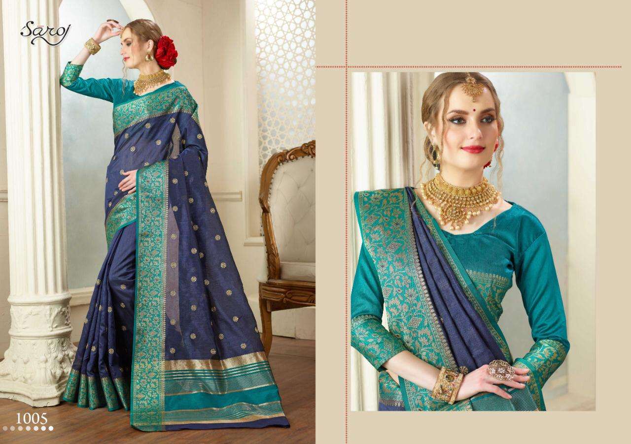 RAJJO BY SAROJ 1001 TO 1008 SERIES INDIAN TRADITIONAL WEAR COLLECTION BEAUTIFUL STYLISH FANCY COLORFUL PARTY WEAR & OCCASIONAL WEAR WEAVING SILK SAREES AT WHOLESALE PRICE