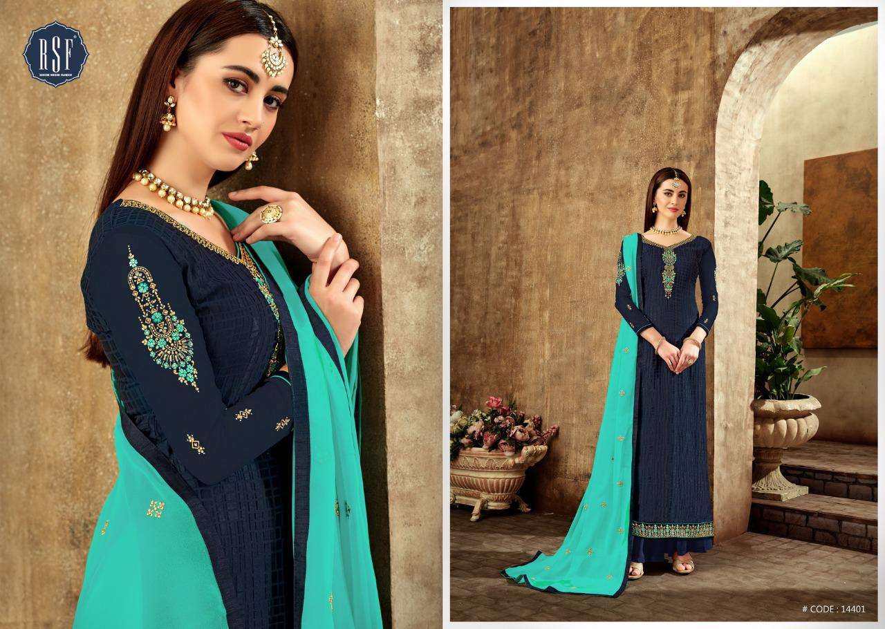 ISRAT BRASO VOL-2 BY RSF 14401 TO 14406 SERIES DESIGNER SUITS COLLECTION BEAUTIFUL STYLISH FANCY COLORFUL PARTY WEAR & OCCASIONAL WEAR PURE TORA BRASO LONG DRESSES AT WHOLESALE PRICE