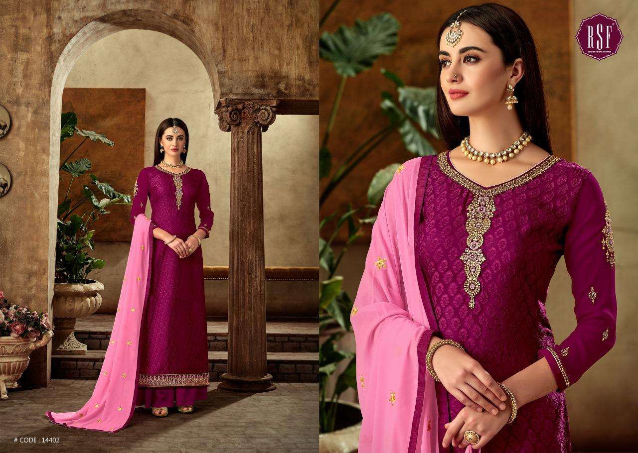 ISRAT BRASO VOL-2 BY RSF 14401 TO 14406 SERIES DESIGNER SUITS COLLECTION BEAUTIFUL STYLISH FANCY COLORFUL PARTY WEAR & OCCASIONAL WEAR PURE TORA BRASO LONG DRESSES AT WHOLESALE PRICE