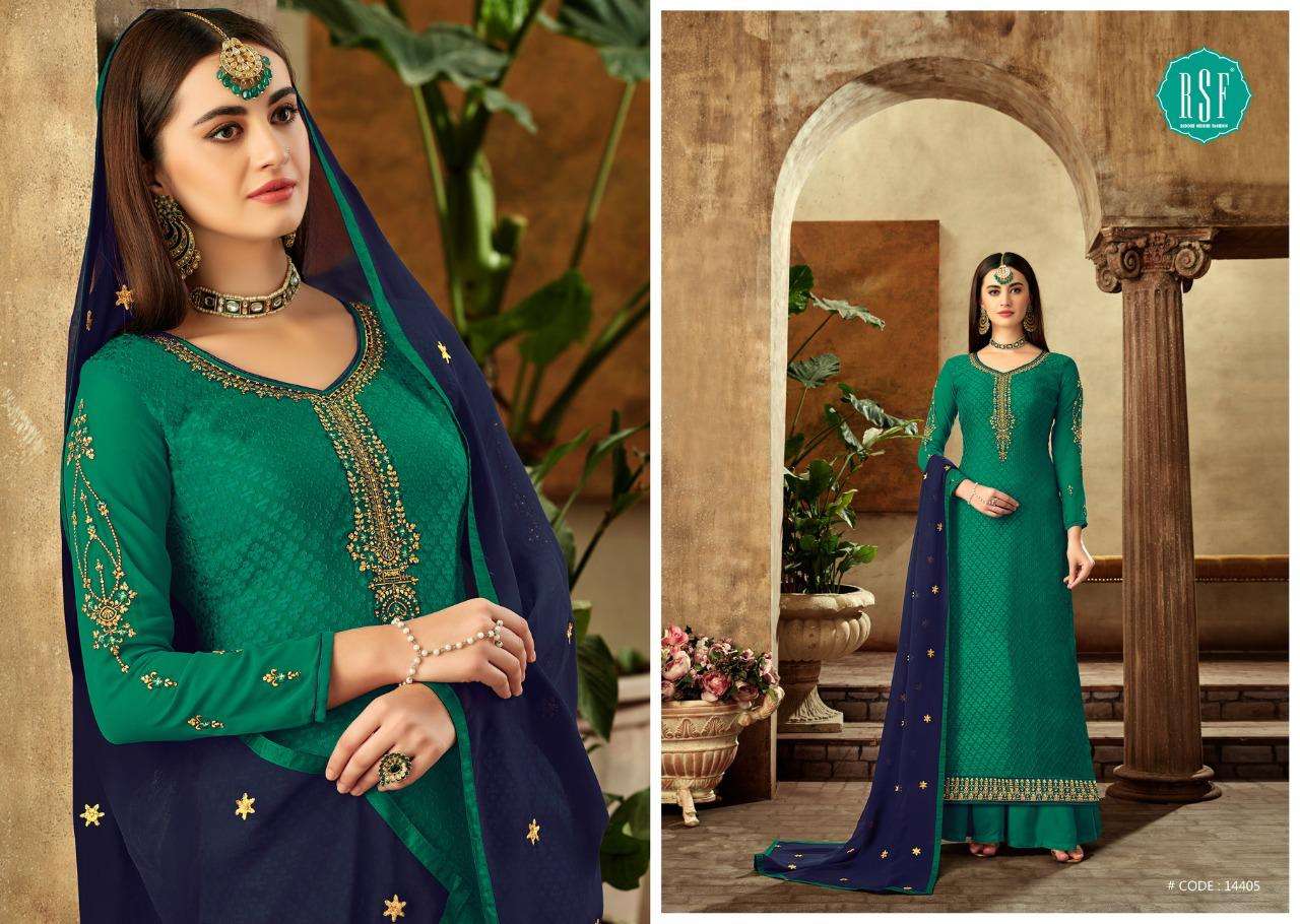 ISRAT BRASO VOL-2 BY RSF 14401 TO 14406 SERIES DESIGNER SUITS COLLECTION BEAUTIFUL STYLISH FANCY COLORFUL PARTY WEAR & OCCASIONAL WEAR PURE TORA BRASO LONG DRESSES AT WHOLESALE PRICE