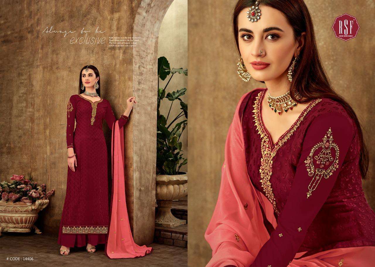 ISRAT BRASO VOL-2 BY RSF 14401 TO 14406 SERIES DESIGNER SUITS COLLECTION BEAUTIFUL STYLISH FANCY COLORFUL PARTY WEAR & OCCASIONAL WEAR PURE TORA BRASO LONG DRESSES AT WHOLESALE PRICE