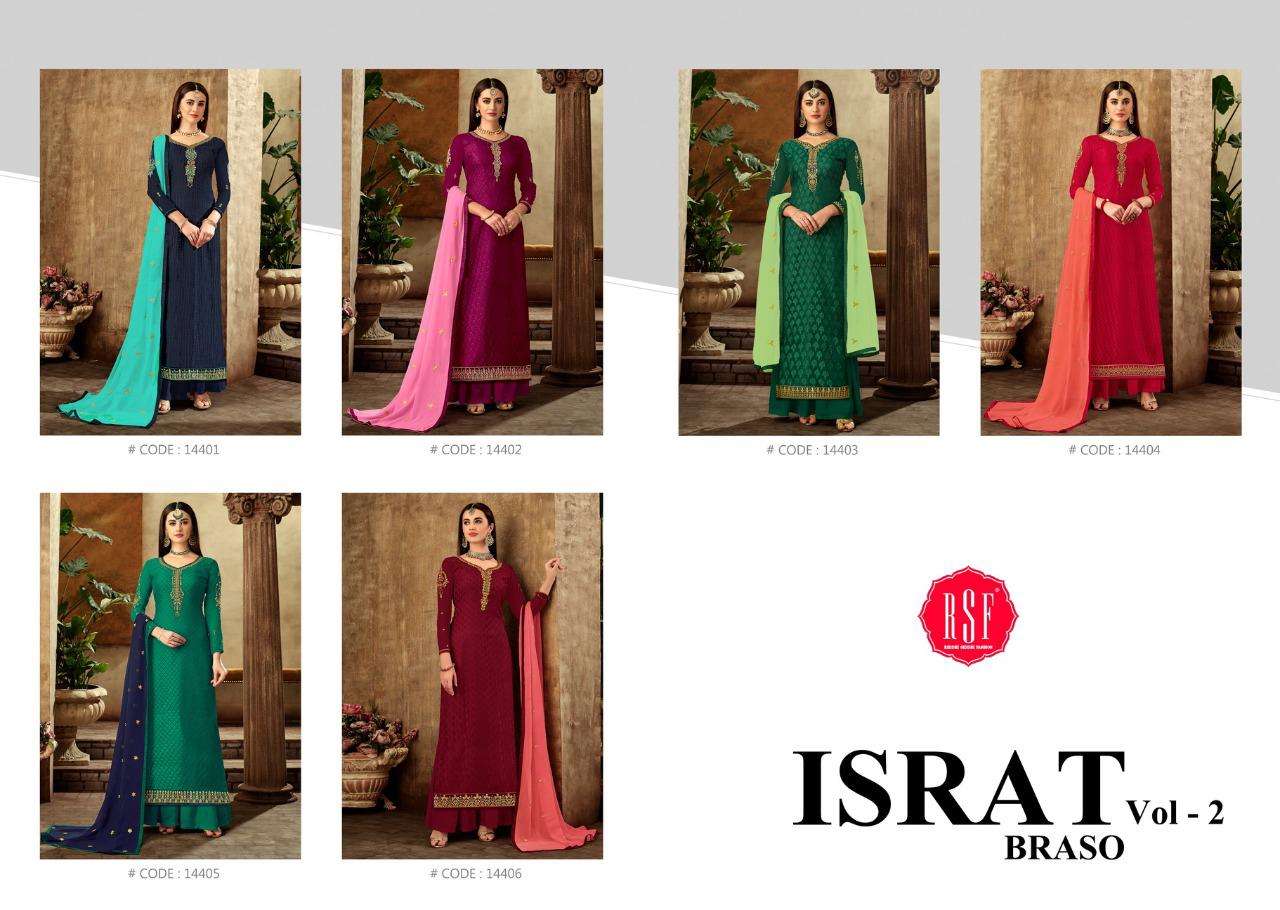 ISRAT BRASO VOL-2 BY RSF 14401 TO 14406 SERIES DESIGNER SUITS COLLECTION BEAUTIFUL STYLISH FANCY COLORFUL PARTY WEAR & OCCASIONAL WEAR PURE TORA BRASO LONG DRESSES AT WHOLESALE PRICE