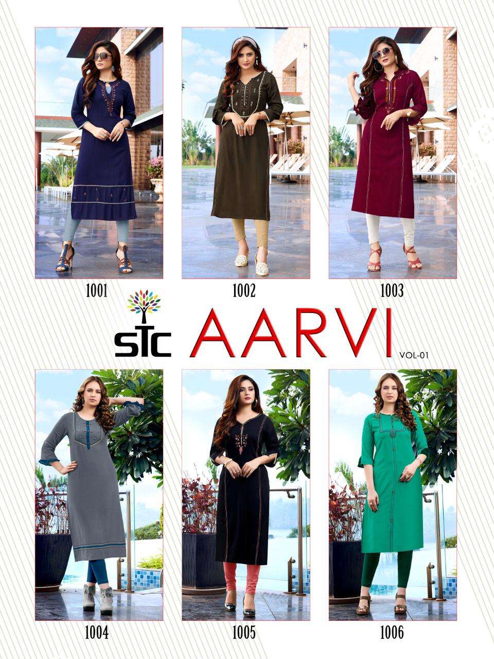 AARVI VOL-1 BY STC 1001 TO 1006 SERIES BEAUTIFUL STYLISH COLORFUL FANCY PARTY WEAR & ETHNIC WEAR & READY TO WEAR RAYON PREMIUM KURTIS AT WHOLESALE PRICE