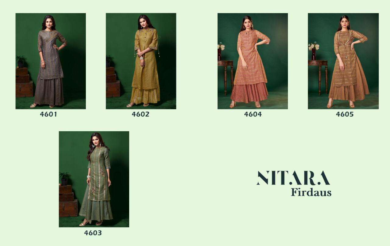 FIRDAUS BY NITARA 4601 TO 4605 SERIES STYLISH FANCY BEAUTIFUL COLORFUL CASUAL WEAR & ETHNIC WEAR VARIETY OF EXCLUSIVE FABRIC KURTIS WITH BOTTOM AT WHOLESALE PRICE