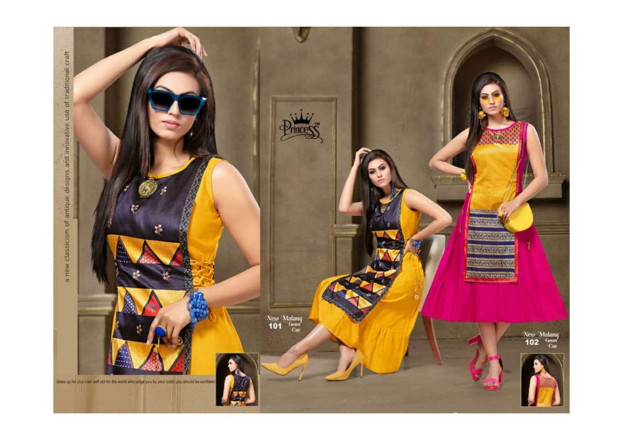 MALANG BY PRINCESS 101 TO 112 SERIES BEAUTIFUL STYLISH COLORFUL FANCY PARTY WEAR & ETHNIC WEAR & READY TO WEAR RAYON PRINTED KURTIS AT WHOLESALE PRICE