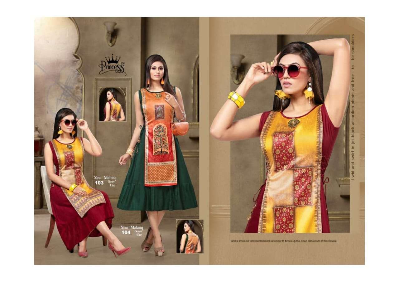 MALANG BY PRINCESS 101 TO 112 SERIES BEAUTIFUL STYLISH COLORFUL FANCY PARTY WEAR & ETHNIC WEAR & READY TO WEAR RAYON PRINTED KURTIS AT WHOLESALE PRICE