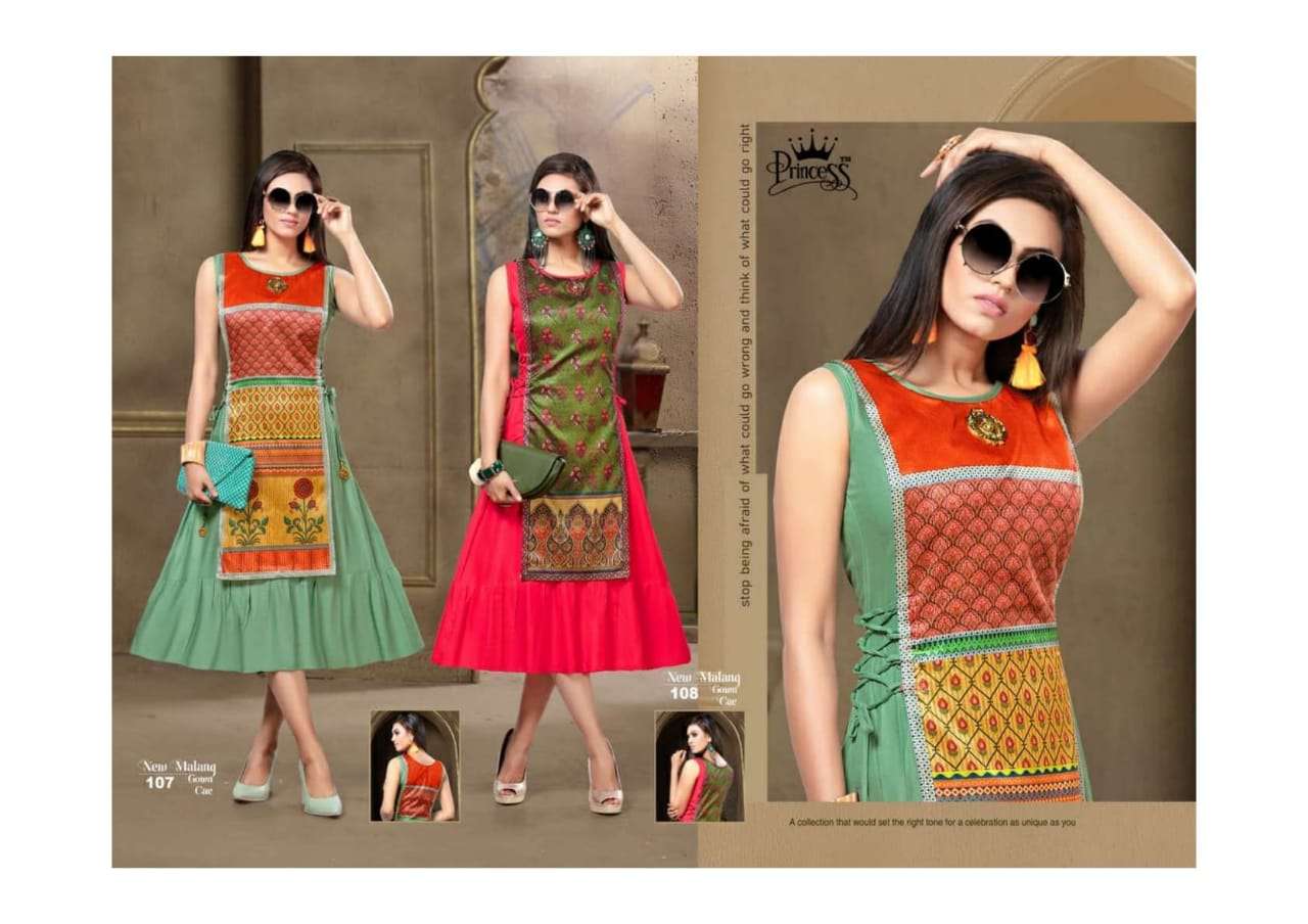 MALANG BY PRINCESS 101 TO 112 SERIES BEAUTIFUL STYLISH COLORFUL FANCY PARTY WEAR & ETHNIC WEAR & READY TO WEAR RAYON PRINTED KURTIS AT WHOLESALE PRICE