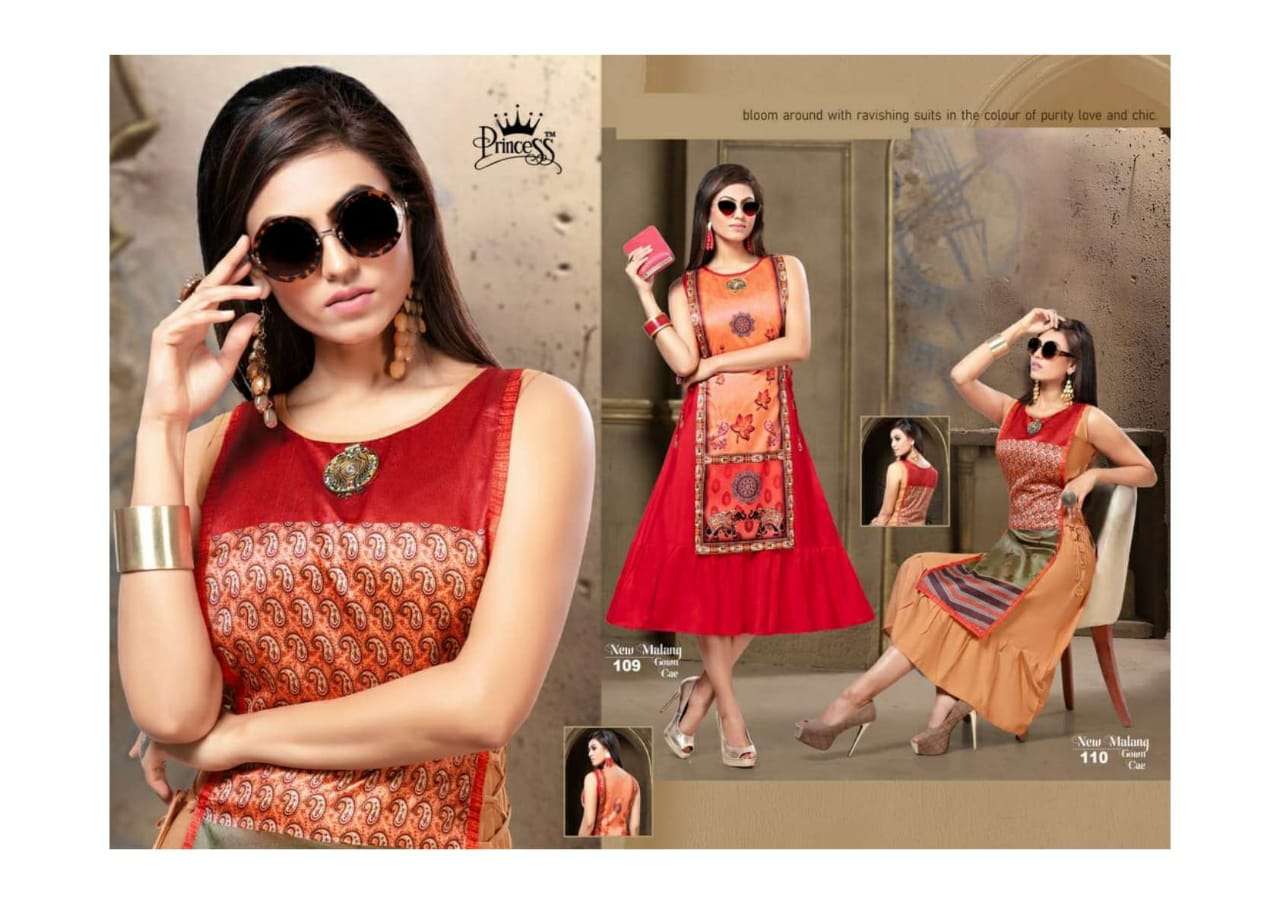 MALANG BY PRINCESS 101 TO 112 SERIES BEAUTIFUL STYLISH COLORFUL FANCY PARTY WEAR & ETHNIC WEAR & READY TO WEAR RAYON PRINTED KURTIS AT WHOLESALE PRICE