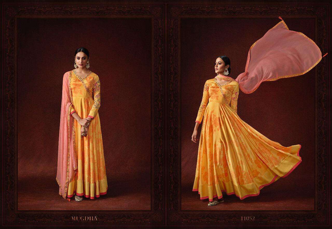 MALAIKA BY MUGDHA 11050 TO 11053 SERIES ANARKALI SUITS COLLECTION BEAUTIFUL STYLISH FANCY COLORFUL PARTY WEAR & OCCASIONAL WEAR SILK / SATIN GEORGETTE/ SILK CREPE DRESSES AT WHOLESALE PRICE