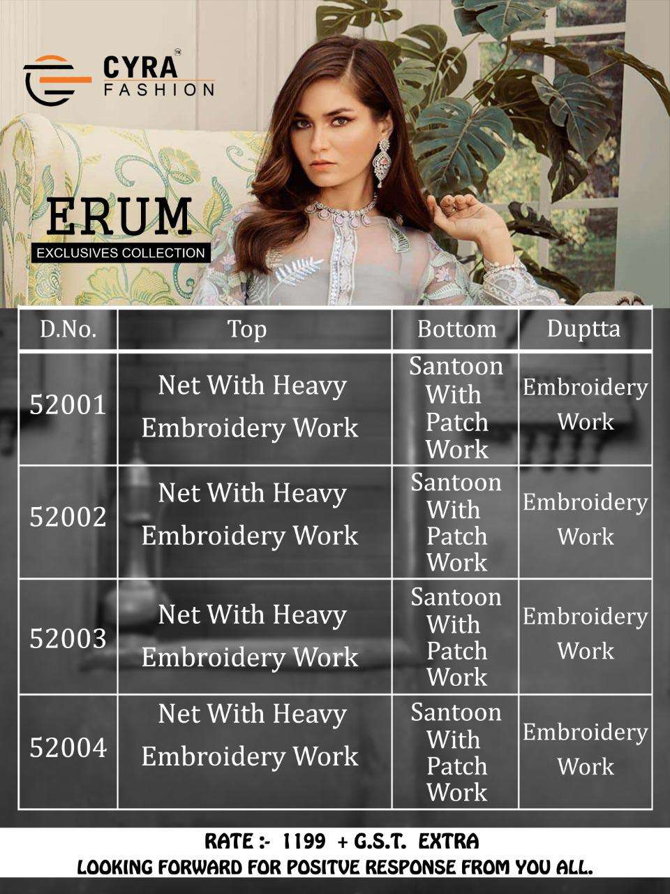 ERUM BY CYRA FASHION 52001 TO 52004 SERIES BEAUTIFUL PAKISTANI SUITS COLORFUL STYLISH FANCY CASUAL WEAR & ETHNIC WEAR NET WITH EMBROIDERY DRESSES AT WHOLESALE PRICE