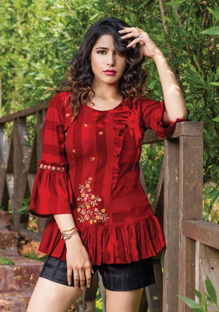 TOPSY VOL-10 BY YAMI FASHION 4361 TO 4369 SERIES BEAUTIFUL STYLISH FANCY COLORFUL CASUAL WEAR & ETHNIC WEAR RAYON EMBROIDERY TOPS AT WHOLESALE PRICE