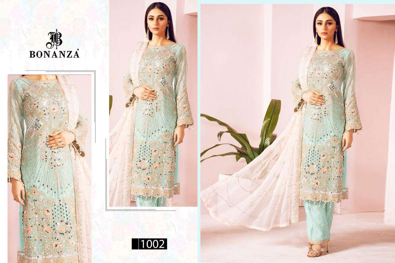 MARYAMS SILVER BY BONANZA 1001 TO 1002 SERIES DESIGNER FESTIVE SUITS COLLECTION BEAUTIFUL STYLISH FANCY COLORFUL PARTY WEAR & OCCASIONAL WEAR BUTTERFLY NET EMBROIDERED DRESSES AT WHOLESALE PRICE