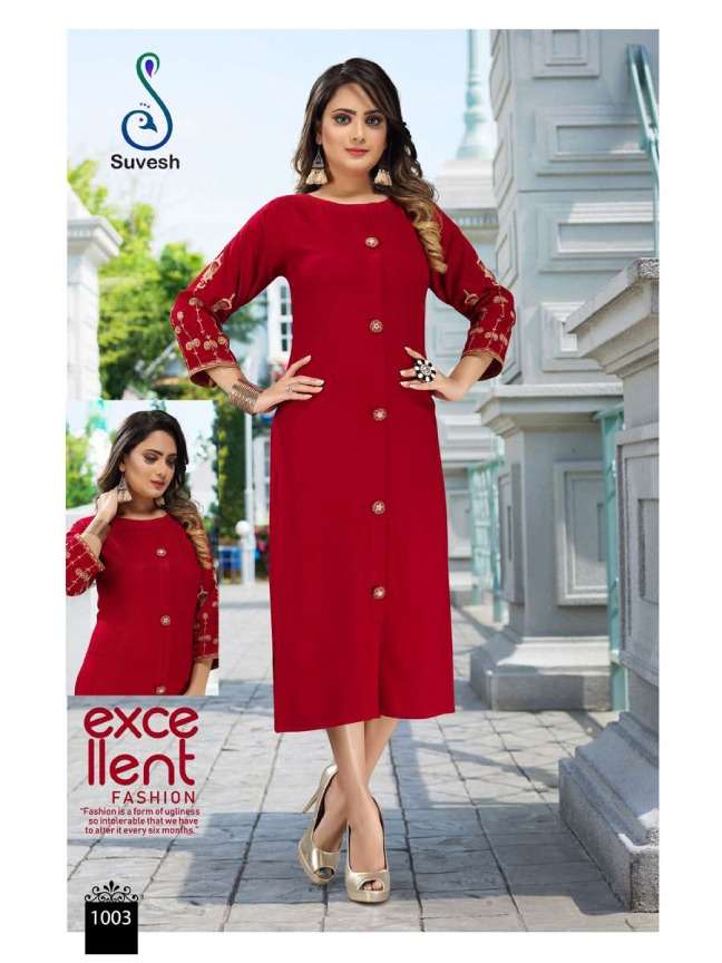 ZUBEDA BY SUVESH 1001 TO 1008 SERIES DESIGNER BEAUTIFUL STYLISH COLORFUL FANCY READY TO WEAR & CASUAL WEAR & ETHNIC WEAR PREMIUM QUALITY RAYON KURTIS AT WHOLESALE PRICE