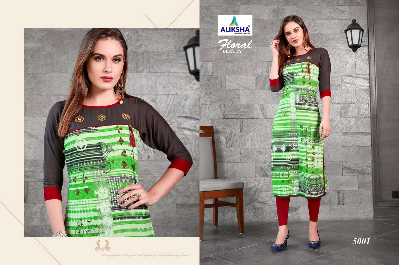 FLORAL BEAUTY VOL-5 BY ALIKSHA 5001 TO 5008 SERIES DESIGNER BEAUTIFUL STYLISH FANCY COLORFUL CASUAL WEAR & ETHNIC WEAR 14 KG RAYON PRINTED KURTIS AT WHOLESALE PRICE