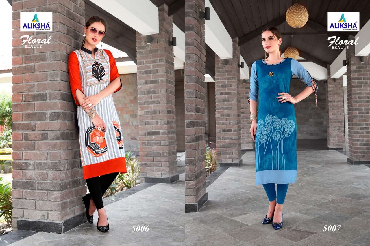 FLORAL BEAUTY VOL-5 BY ALIKSHA 5001 TO 5008 SERIES DESIGNER BEAUTIFUL STYLISH FANCY COLORFUL CASUAL WEAR & ETHNIC WEAR 14 KG RAYON PRINTED KURTIS AT WHOLESALE PRICE
