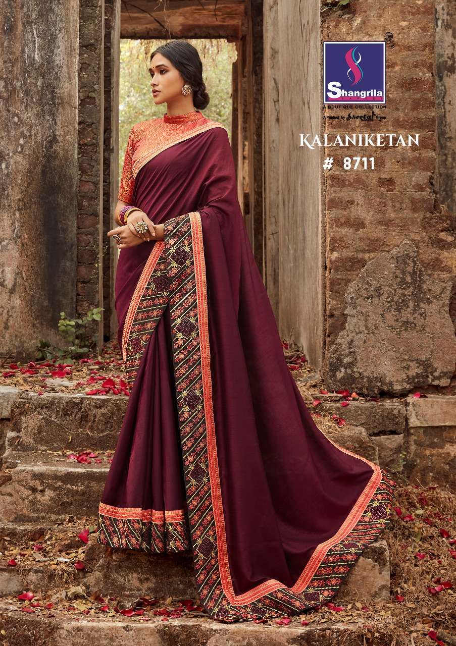 KALANIKETAN BY SHANGRILA 8711 TO 8718 SERIES INDIAN TRADITIONAL WEAR COLLECTION BEAUTIFUL STYLISH FANCY COLORFUL PARTY WEAR & OCCASIONAL WEAR PURE SOFT SILK SAREES AT WHOLESALE PRICE