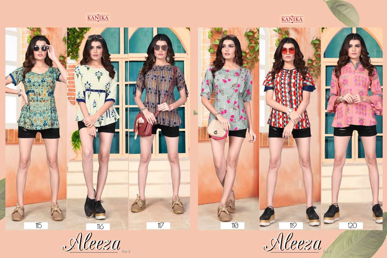 ALEEZA VOL-3 BY KANIKA 115 TO 120 SERIES DESIGNER BEAUTIFUL STYLISH FANCY COLORFUL CASUAL WEAR & ETHNIC WEAR RAYON PRINTED TOPS AT WHOLESALE PRICE