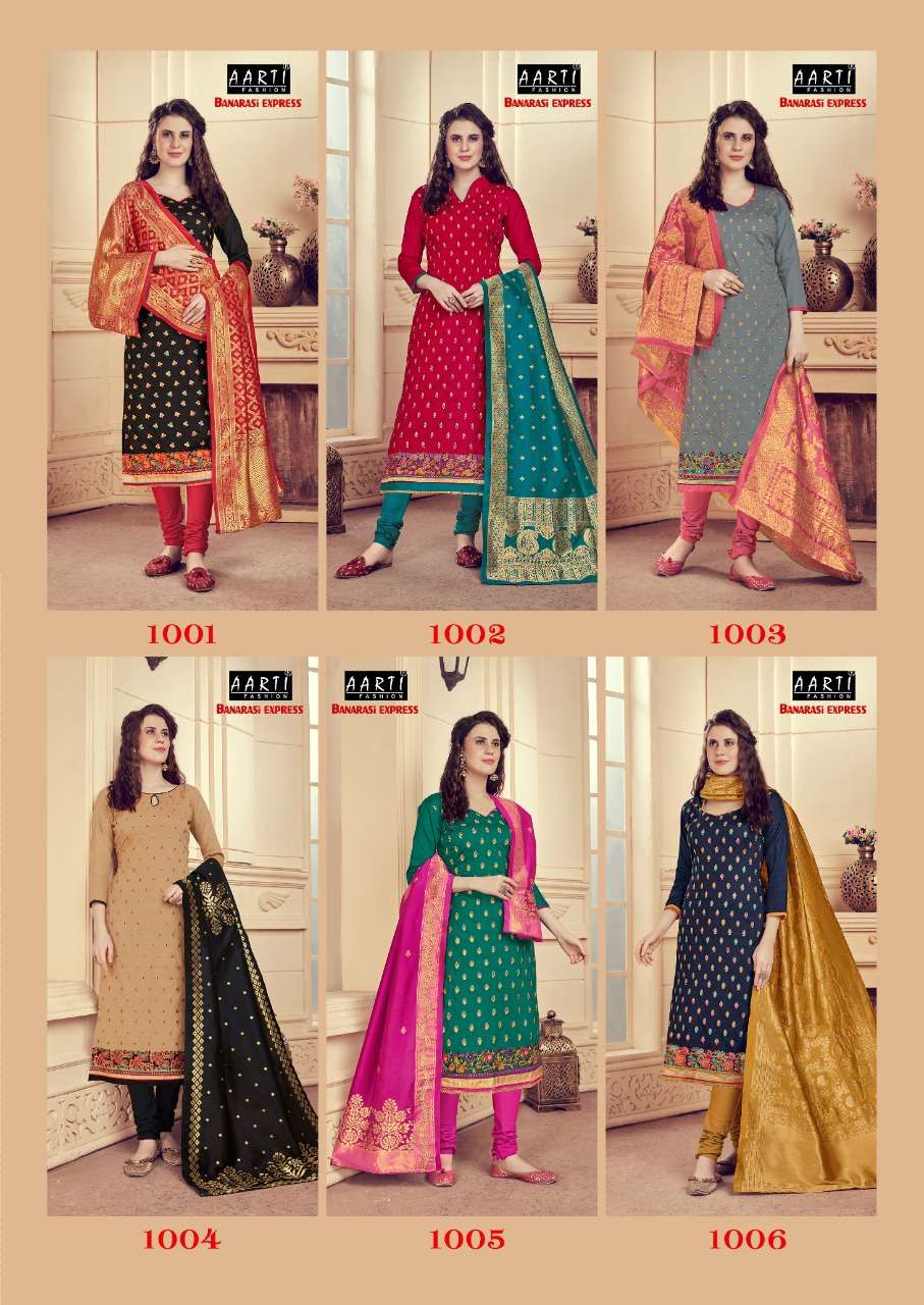 BANARASI EXPRESS BY AARTI FASHION 1001 TO 1006 SERIES BEAUTIFUL SUITS STYLISH FANCY COLORFUL PARTY WEAR & OCCASIONAL WEAR GLACE COTTON DRESSES AT WHOLESALE PRICE