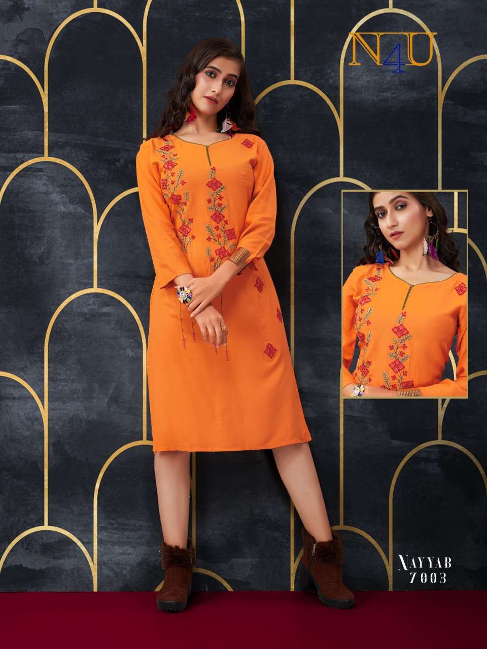NAYYAB BY N4U 7001 TO 7007 SERIES BEAUTIFUL STYLISH FANCY COLORFUL CASUAL WEAR & ETHNIC WEAR & READY TO WEAR RAYON EMBROIDERY KURTIS AT WHOLESALE PRICE