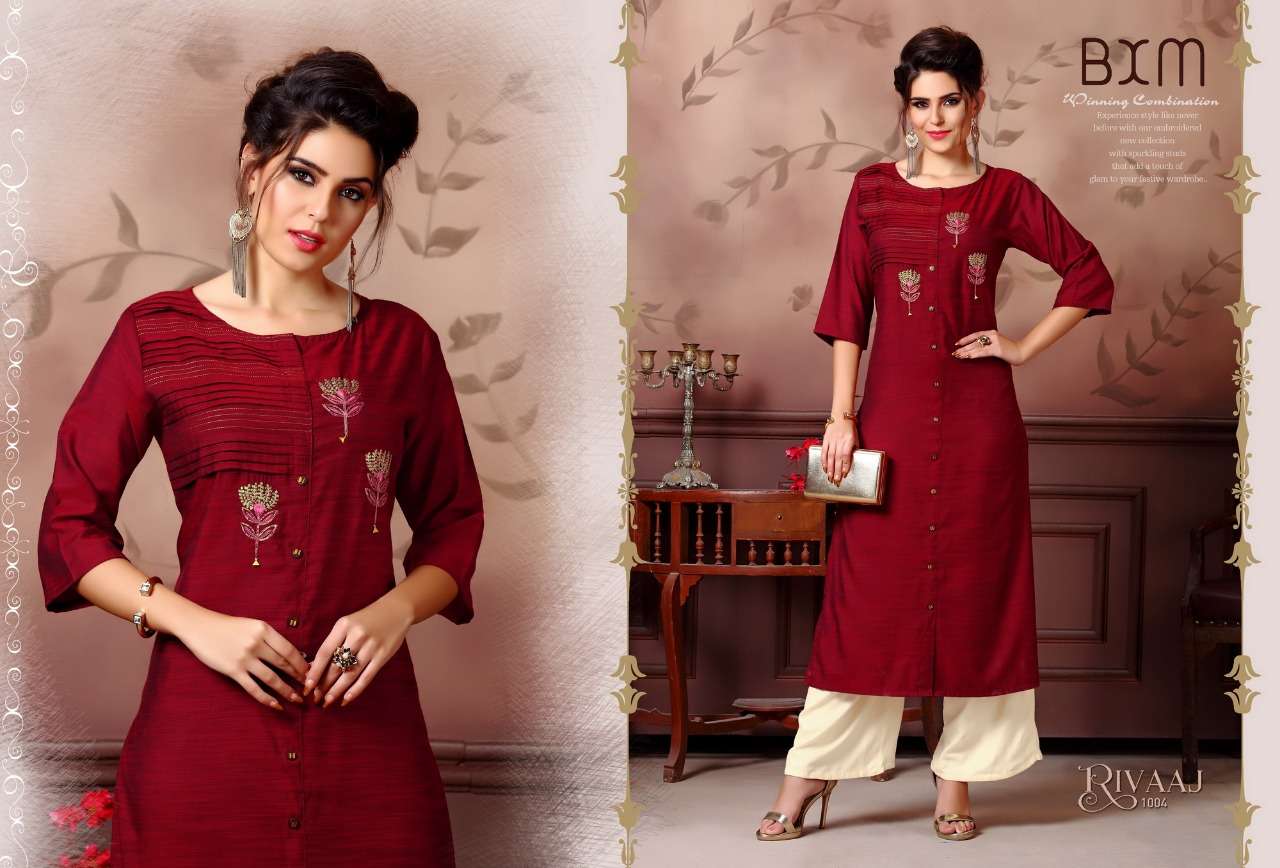 RIVAAJ BY BXM 1001 TO 1008 SERIES BEAUTIFUL STYLISH FANCY COLORFUL CASUAL WEAR & ETHNIC WEAR & READY TO WEAR RAYON SILK KURTIS AT WHOLESALE PRICE