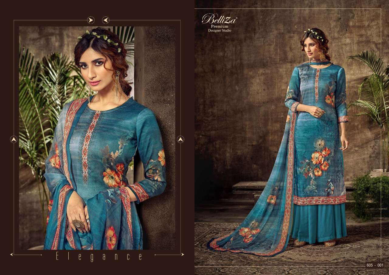 SOFIE BY BELLIZA 605-001 TO 605-006 SERIES BEAUTIFUL STYLISH SHARARA SUITS FANCY COLORFUL CASUAL WEAR & ETHNIC WEAR & READY TO WEAR HEAVY JAM COTTON SATIN DRESSES AT WHOLESALE PRICE