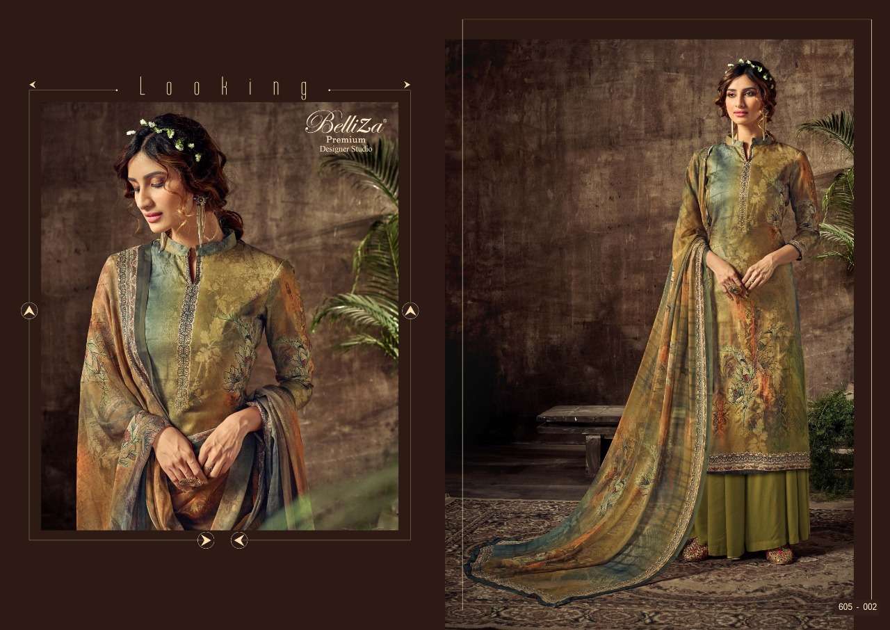 SOFIE BY BELLIZA 605-001 TO 605-006 SERIES BEAUTIFUL STYLISH SHARARA SUITS FANCY COLORFUL CASUAL WEAR & ETHNIC WEAR & READY TO WEAR HEAVY JAM COTTON SATIN DRESSES AT WHOLESALE PRICE