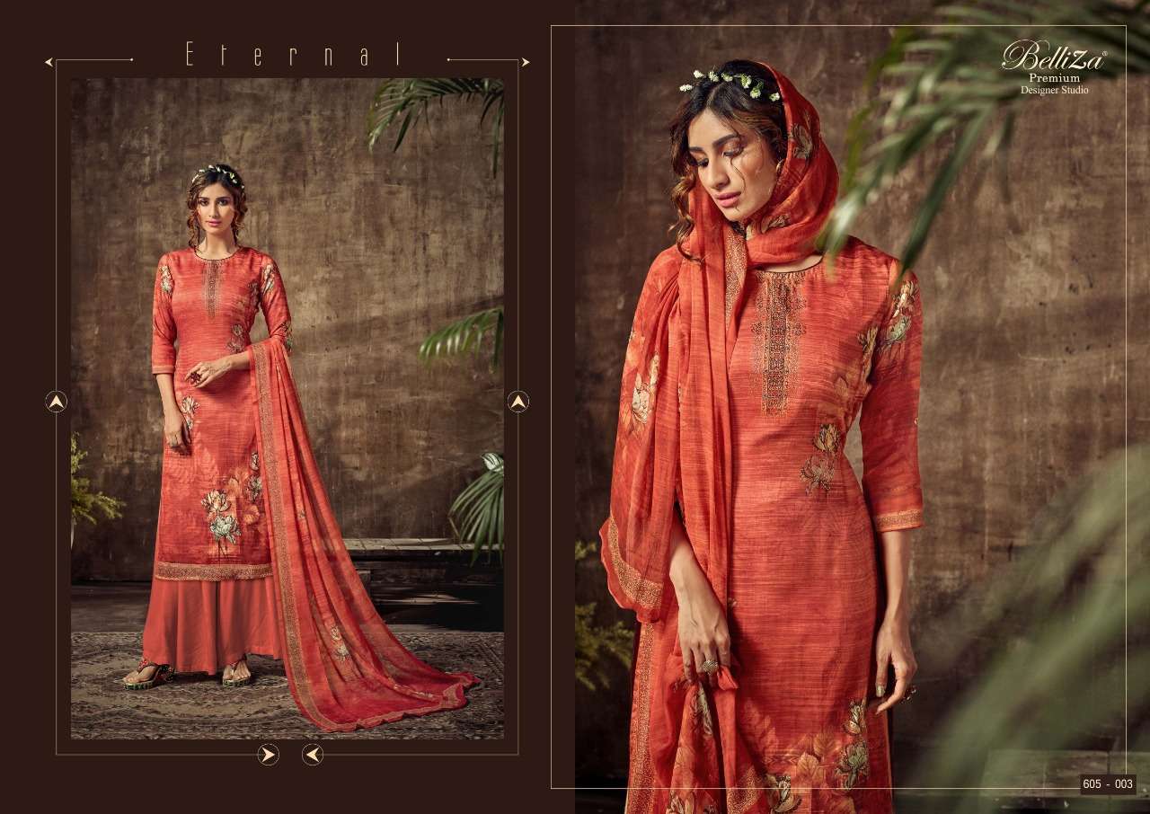 SOFIE BY BELLIZA 605-001 TO 605-006 SERIES BEAUTIFUL STYLISH SHARARA SUITS FANCY COLORFUL CASUAL WEAR & ETHNIC WEAR & READY TO WEAR HEAVY JAM COTTON SATIN DRESSES AT WHOLESALE PRICE