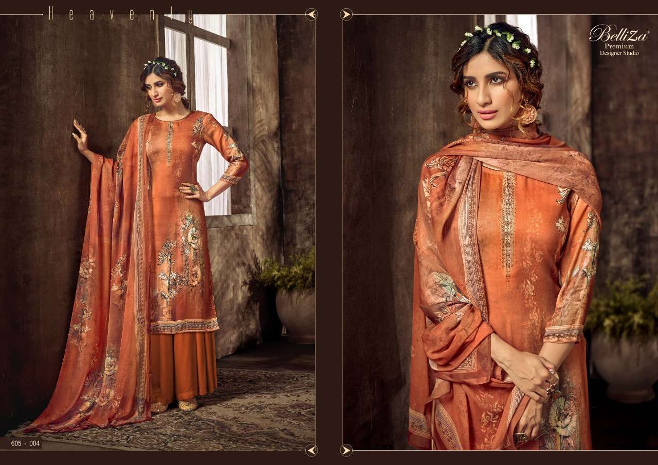 SOFIE BY BELLIZA 605-001 TO 605-006 SERIES BEAUTIFUL STYLISH SHARARA SUITS FANCY COLORFUL CASUAL WEAR & ETHNIC WEAR & READY TO WEAR HEAVY JAM COTTON SATIN DRESSES AT WHOLESALE PRICE
