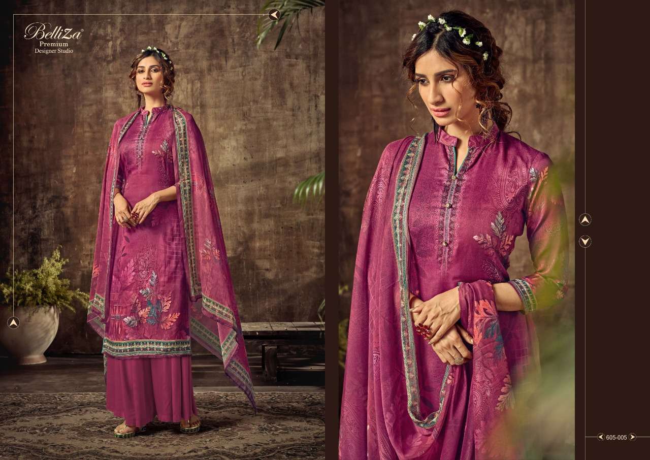 SOFIE BY BELLIZA 605-001 TO 605-006 SERIES BEAUTIFUL STYLISH SHARARA SUITS FANCY COLORFUL CASUAL WEAR & ETHNIC WEAR & READY TO WEAR HEAVY JAM COTTON SATIN DRESSES AT WHOLESALE PRICE