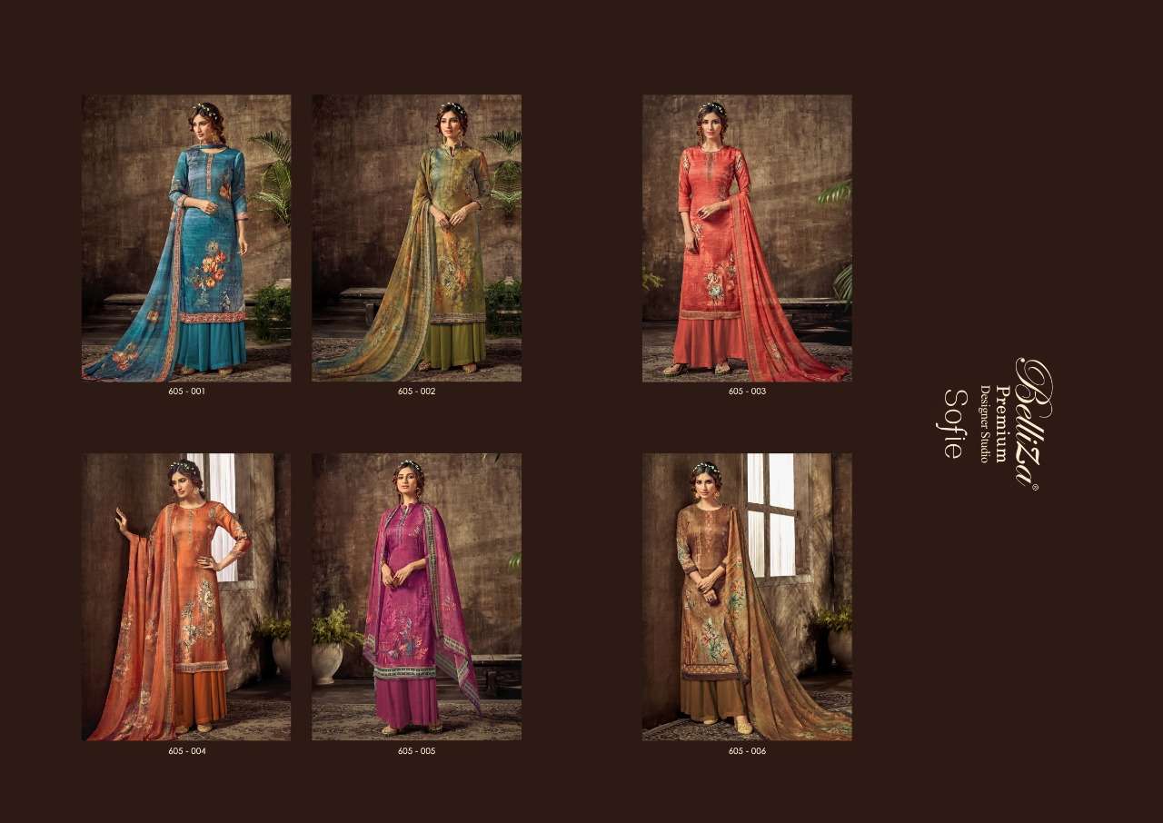 SOFIE BY BELLIZA 605-001 TO 605-006 SERIES BEAUTIFUL STYLISH SHARARA SUITS FANCY COLORFUL CASUAL WEAR & ETHNIC WEAR & READY TO WEAR HEAVY JAM COTTON SATIN DRESSES AT WHOLESALE PRICE