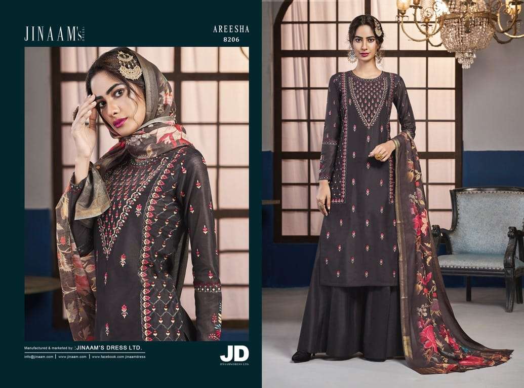 JINAAM AREESH BY JINAAM DRESSES  8203 TO 8208 SERIES BEAUTIFUL STYLISH SHARARA SUITS FANCY COLORFUL CASUAL WEAR & ETHNIC WEAR & READY TO WEAR DOLA SILK EMBROIDERY DRESSES AT WHOLESALE PRICE