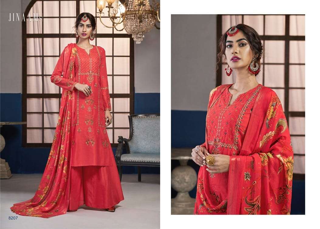 JINAAM AREESH BY JINAAM DRESSES  8203 TO 8208 SERIES BEAUTIFUL STYLISH SHARARA SUITS FANCY COLORFUL CASUAL WEAR & ETHNIC WEAR & READY TO WEAR DOLA SILK EMBROIDERY DRESSES AT WHOLESALE PRICE