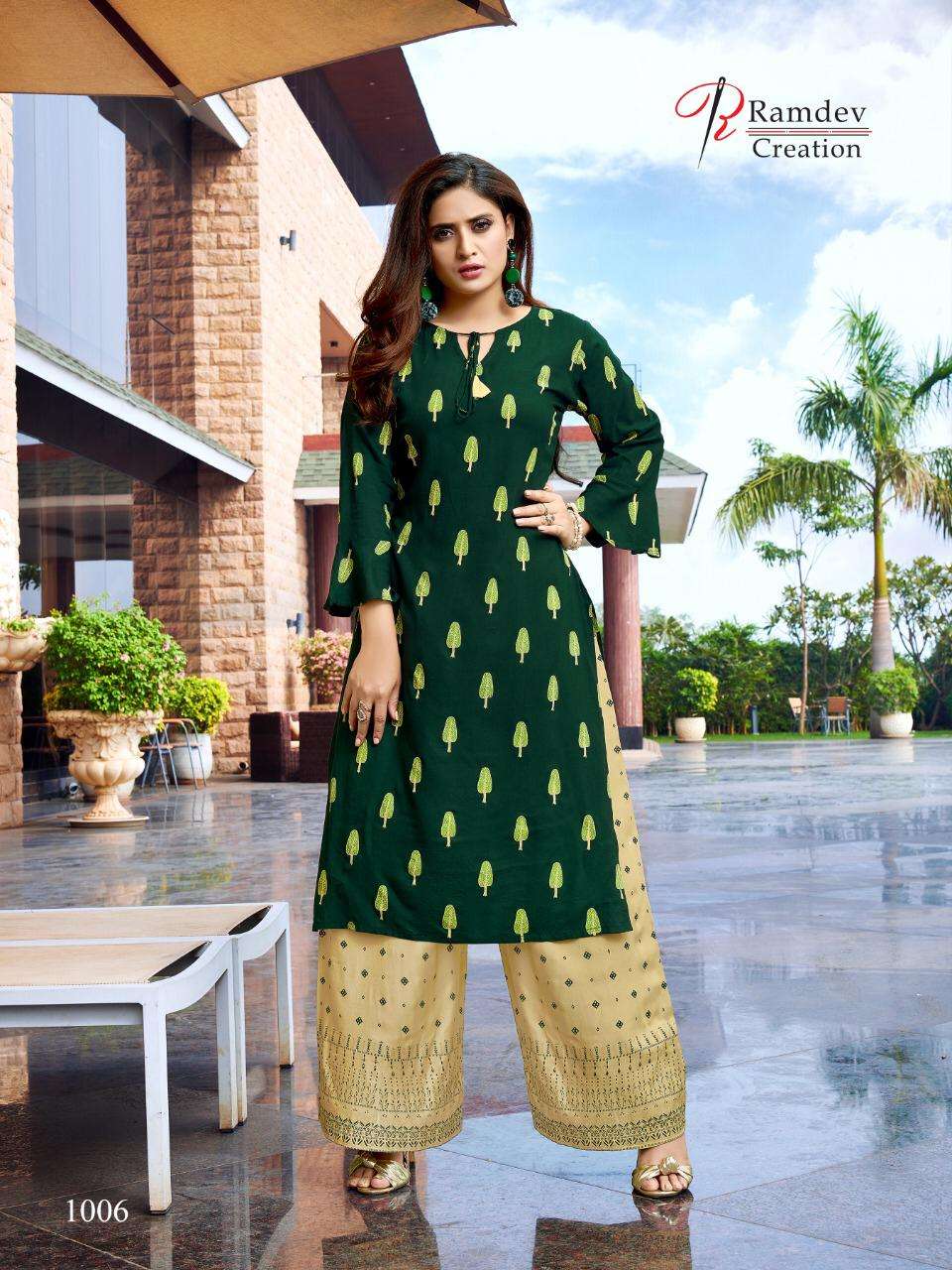 SHREE BY RAMDEV CREATION 1001 TO 1006 SERIES STYLISH FANCY BEAUTIFUL COLORFUL CASUAL WEAR & ETHNIC WEAR HEAVY PREMIUM RAYON BLOCK PRINTED KURTIS WITH BOTTOM AT WHOLESALE PRICE