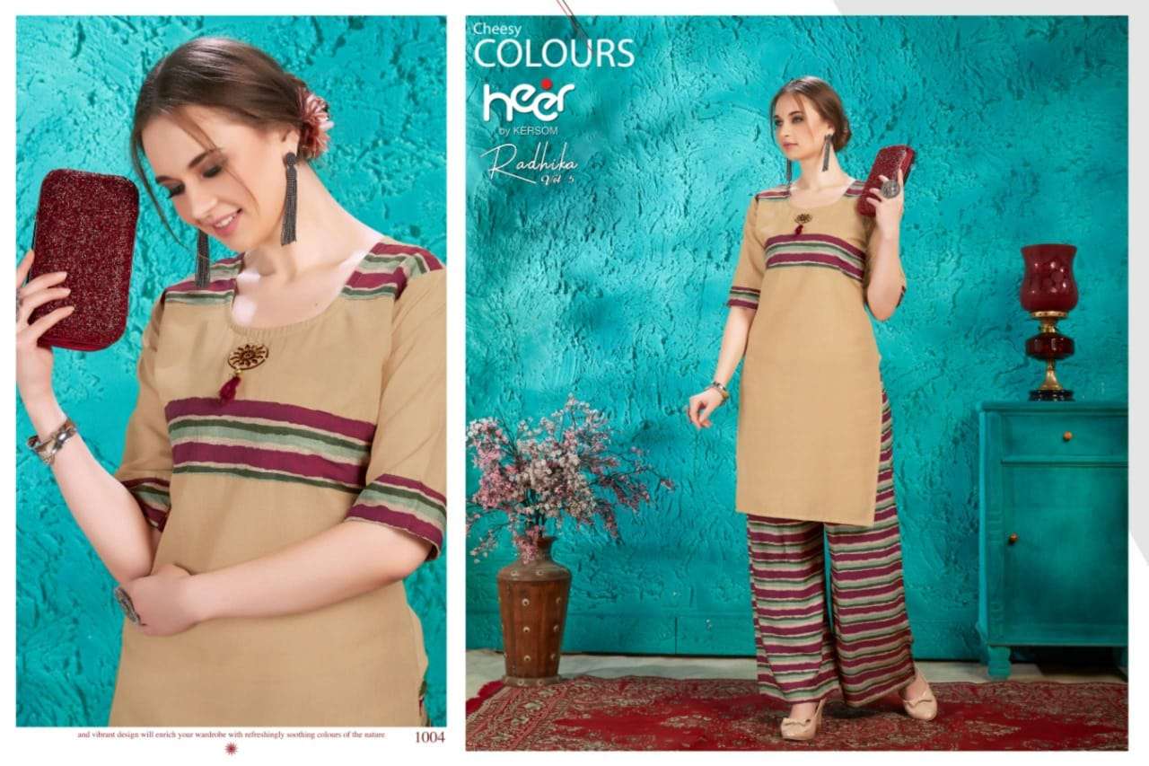 RADHIKA VOL-5 BY HEER 1001 TO 1008 SERIES STYLISH FANCY BEAUTIFUL COLORFUL CASUAL WEAR & ETHNIC WEAR COTTON KURTIS WITH BOTTOM AT WHOLESALE PRICE
