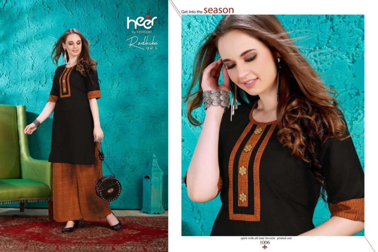 RADHIKA VOL-5 BY HEER 1001 TO 1008 SERIES STYLISH FANCY BEAUTIFUL COLORFUL CASUAL WEAR & ETHNIC WEAR COTTON KURTIS WITH BOTTOM AT WHOLESALE PRICE