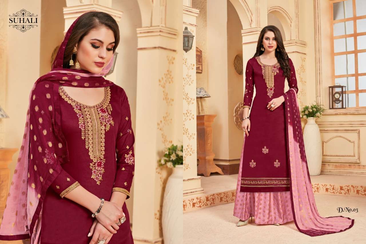MEHZEEN BY SUHALI 01 TO 04 SERIES BEAUTIFUL STYLISH SHARARA SUITS FANCY COLORFUL CASUAL WEAR & ETHNIC WEAR & READY TO WEAR JAM SATIN EMBROIDERY DRESSES AT WHOLESALE PRICE
