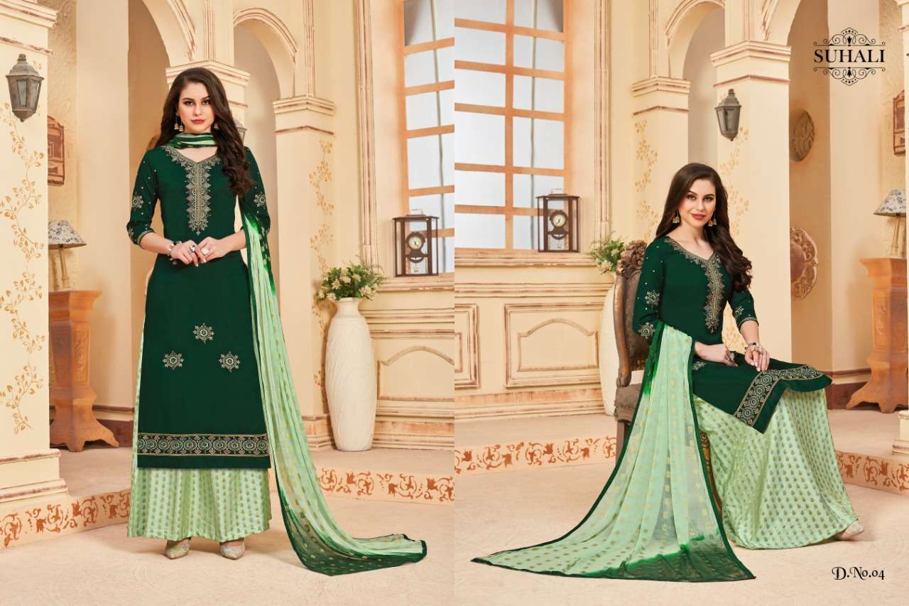 MEHZEEN BY SUHALI 01 TO 04 SERIES BEAUTIFUL STYLISH SHARARA SUITS FANCY COLORFUL CASUAL WEAR & ETHNIC WEAR & READY TO WEAR JAM SATIN EMBROIDERY DRESSES AT WHOLESALE PRICE