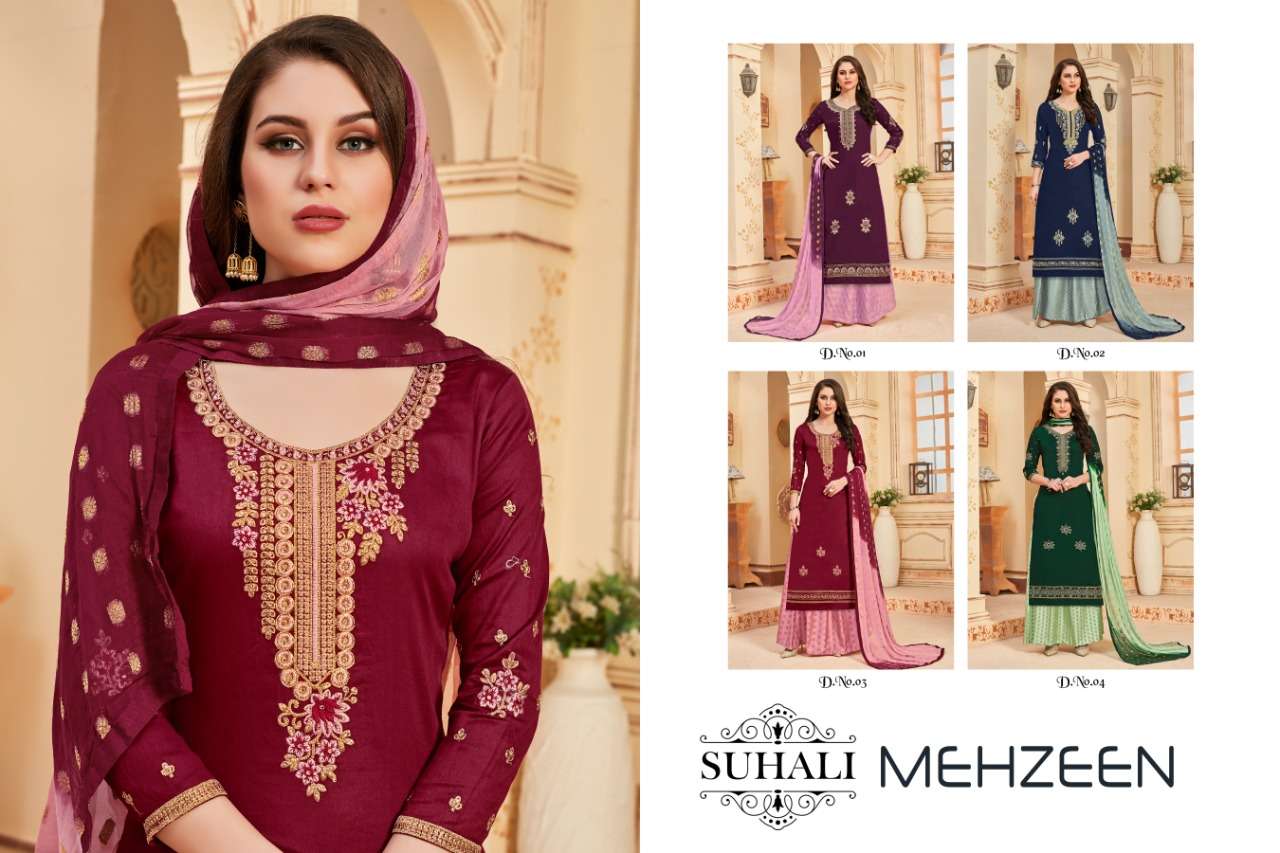 MEHZEEN BY SUHALI 01 TO 04 SERIES BEAUTIFUL STYLISH SHARARA SUITS FANCY COLORFUL CASUAL WEAR & ETHNIC WEAR & READY TO WEAR JAM SATIN EMBROIDERY DRESSES AT WHOLESALE PRICE