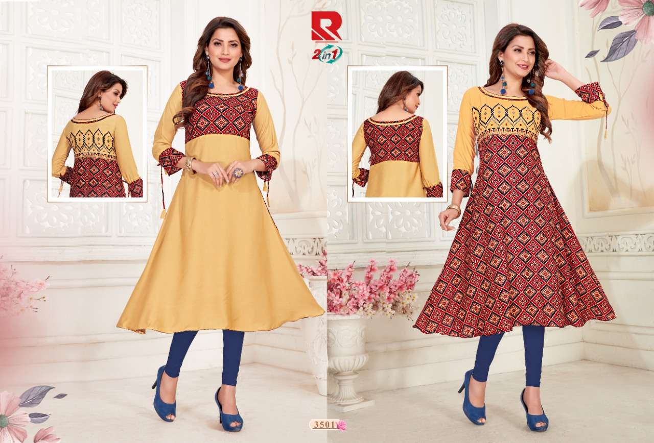 TWO IN ONE BY RAASHI PRINTS 3501 TO 3512 SERIES BEAUTIFUL COLORFUL STYLISH FANCY CASUAL WEAR & ETHNIC WEAR & READY TO WEAR HEAVY RAYON PRINTED KURTIS AT WHOLESALE PRICE