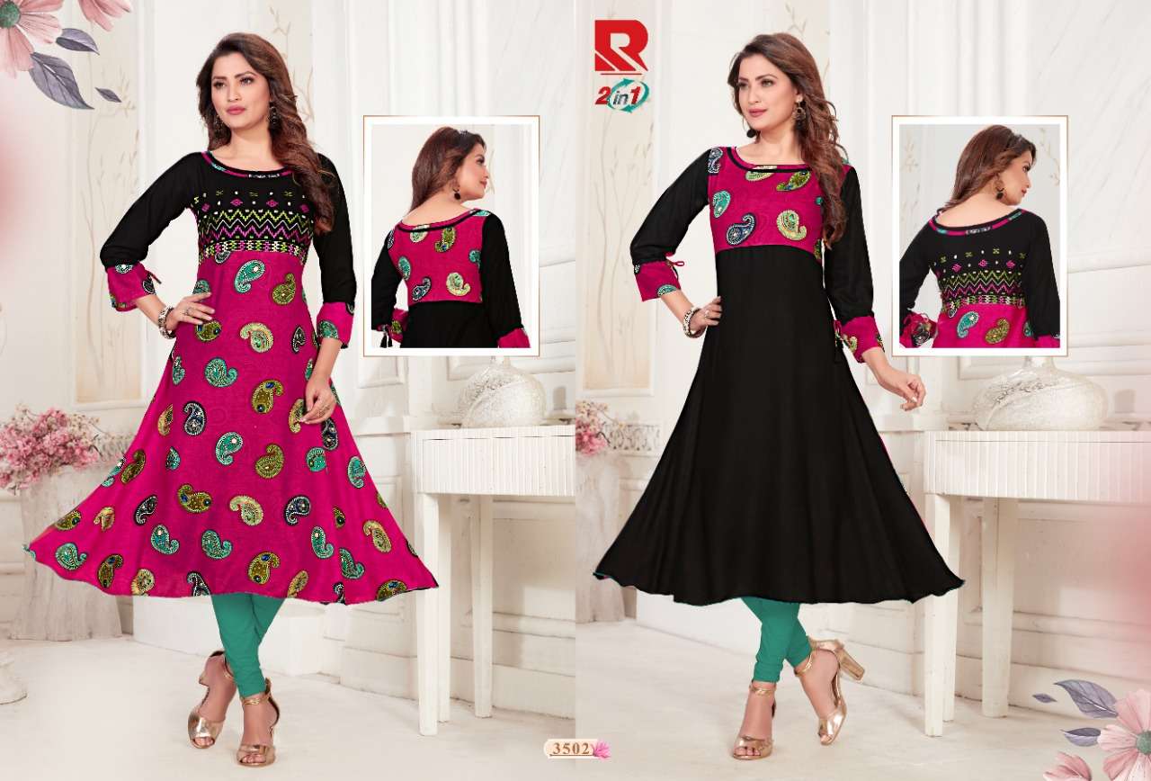 TWO IN ONE BY RAASHI PRINTS 3501 TO 3512 SERIES BEAUTIFUL COLORFUL STYLISH FANCY CASUAL WEAR & ETHNIC WEAR & READY TO WEAR HEAVY RAYON PRINTED KURTIS AT WHOLESALE PRICE