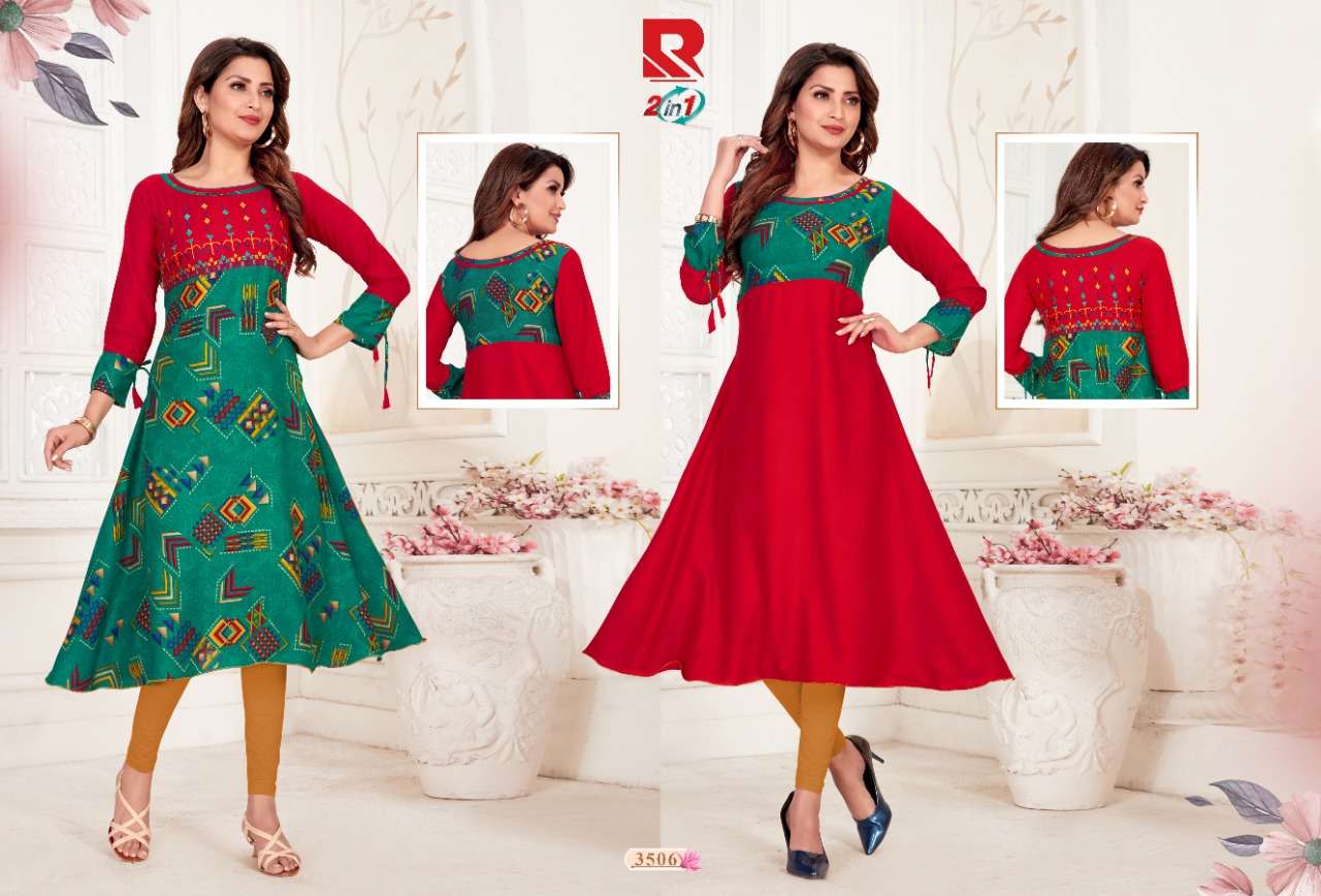 TWO IN ONE BY RAASHI PRINTS 3501 TO 3512 SERIES BEAUTIFUL COLORFUL STYLISH FANCY CASUAL WEAR & ETHNIC WEAR & READY TO WEAR HEAVY RAYON PRINTED KURTIS AT WHOLESALE PRICE