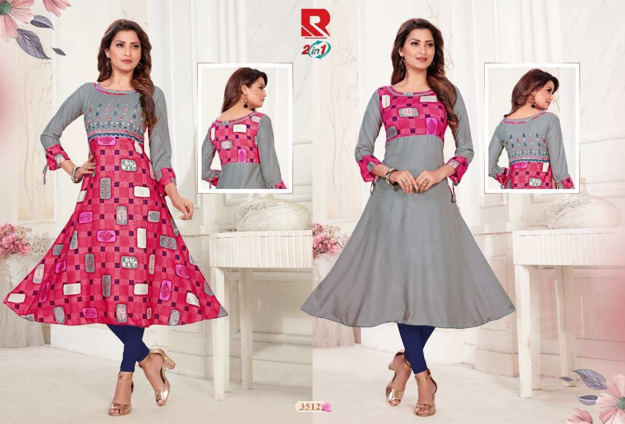 TWO IN ONE BY RAASHI PRINTS 3501 TO 3512 SERIES BEAUTIFUL COLORFUL STYLISH FANCY CASUAL WEAR & ETHNIC WEAR & READY TO WEAR HEAVY RAYON PRINTED KURTIS AT WHOLESALE PRICE