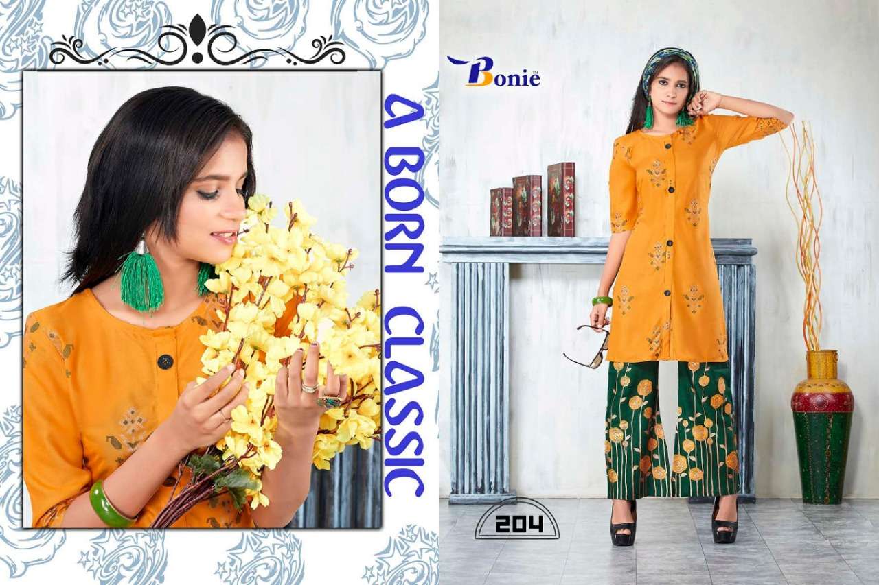 PRETTY GIRL VOL-2 BY BONIE 201 TO 208 SERIES BEAUTIFUL COLORFUL STYLISH FANCY CASUAL WEAR & ETHNIC WEAR & READY TO WEAR HEAVY RAYON KURTIS AT WHOLESALE PRICE