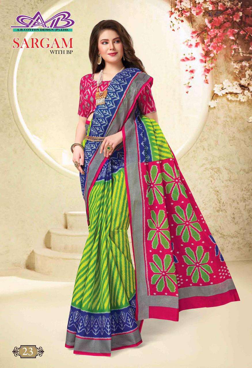 SARGAM BY A.B. FASHION 09 TO 26 INDIAN TRADITIONAL WEAR COLLECTION BEAUTIFUL STYLISH FANCY COLORFUL PARTY WEAR & OCCASIONAL WEAR MULMUL PURE COTTON PRINT SAREES AT WHOLESALE PRICE